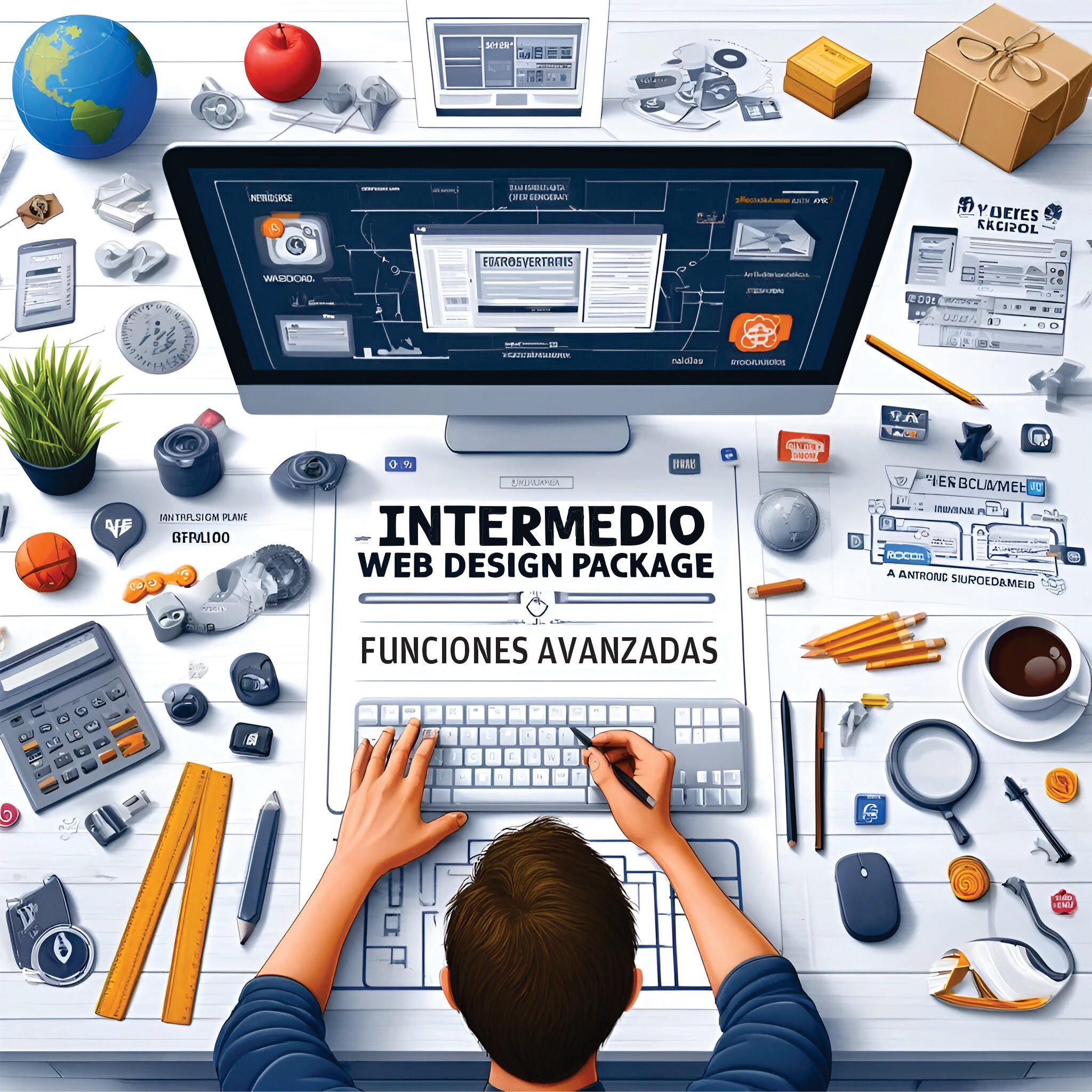 Cover de una persona trabajando en el diseño de un sitio web en una computadora de escritorio. La pantalla muestra el proceso de diseño web, con herramientas de diseño como lápices, reglas y bocetos en papel en el escritorio. También hay iconos y elementos relacionados con el diseño web, como un globo terráqueo y símbolos de código, junto con logotipos de WooCommerce y Google Analytics. La imagen tiene un estilo profesional y limpio, destacando las funcionalidades avanzadas del paquete de diseño web intermedio de WebStudio.