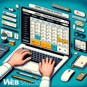 Cover de una persona utilizando un sistema de reservas en una laptop, con pantallas que muestran un calendario y una interfaz de reservas. Alrededor hay íconos de tecnologías como WordPress, PHP, MySQL, Java, Python, HTML, CSS y JavaScript, junto con un espacio de trabajo profesional con cuadernos y bolígrafos. La imagen destaca el servicio de sistema de reservas avanzado de WebStudio.