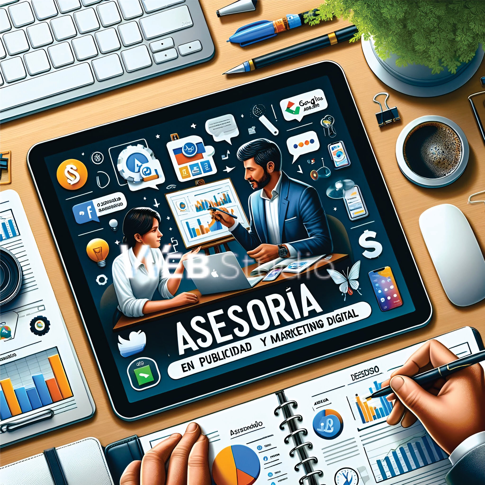 Cover de un consultor profesional trabajando con un cliente, discutiendo estrategias de marketing sobre una laptop con gráficos y tablas. Alrededor hay una pizarra blanca con planes de marketing, íconos de Google Ads y Facebook Ads, y herramientas de diseño como cuadernos y bolígrafos. La imagen destaca el servicio de asesoría en publicidad y marketing digital de WebStudio.