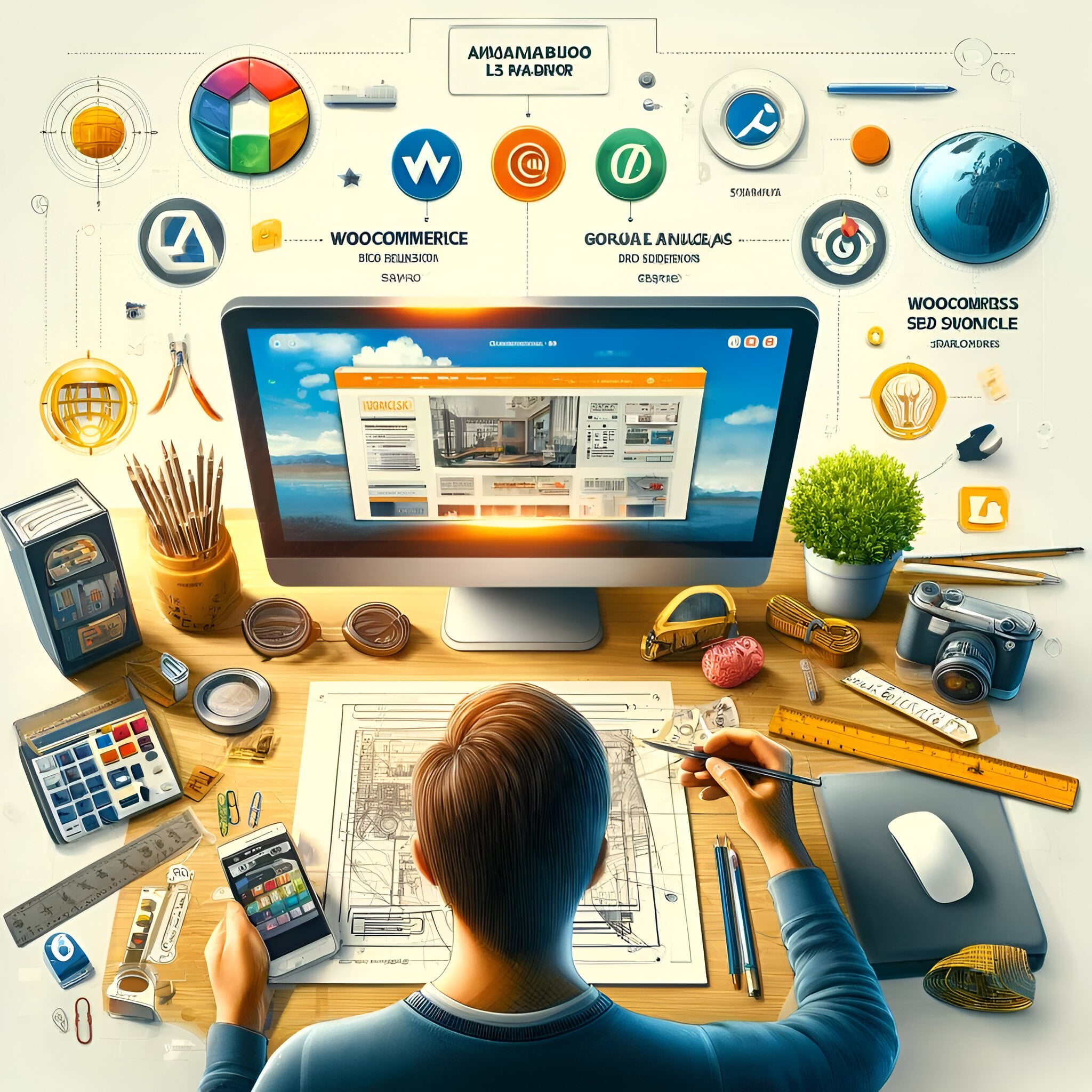 Cover de una persona trabajando en el diseño de un sitio web en una computadora de escritorio. La pantalla muestra el proceso de diseño web, con herramientas de diseño como lápices, reglas y bocetos en papel en el escritorio. También hay iconos y elementos relacionados con el diseño web, como un globo terráqueo, símbolos de código y logotipos de WooCommerce, Google Analytics, SEO, Google Search Console y Mercado Pago. La imagen tiene un estilo profesional y limpio, destacando las funcionalidades avanzadas y el dinamismo del paquete de diseño web dinámico de WebStudio.