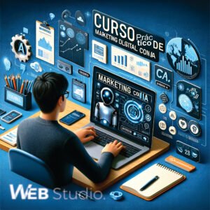 Cover de una persona estudiando marketing con herramientas de IA, con una laptop que muestra análisis de marketing impulsados por IA, gráficos y tablas. Alrededor hay íconos de IA, herramientas de marketing digital, y un ambiente de aprendizaje profesional con cuadernos y bolígrafos. La imagen destaca el curso de marketing digital con IA de WebStudio.