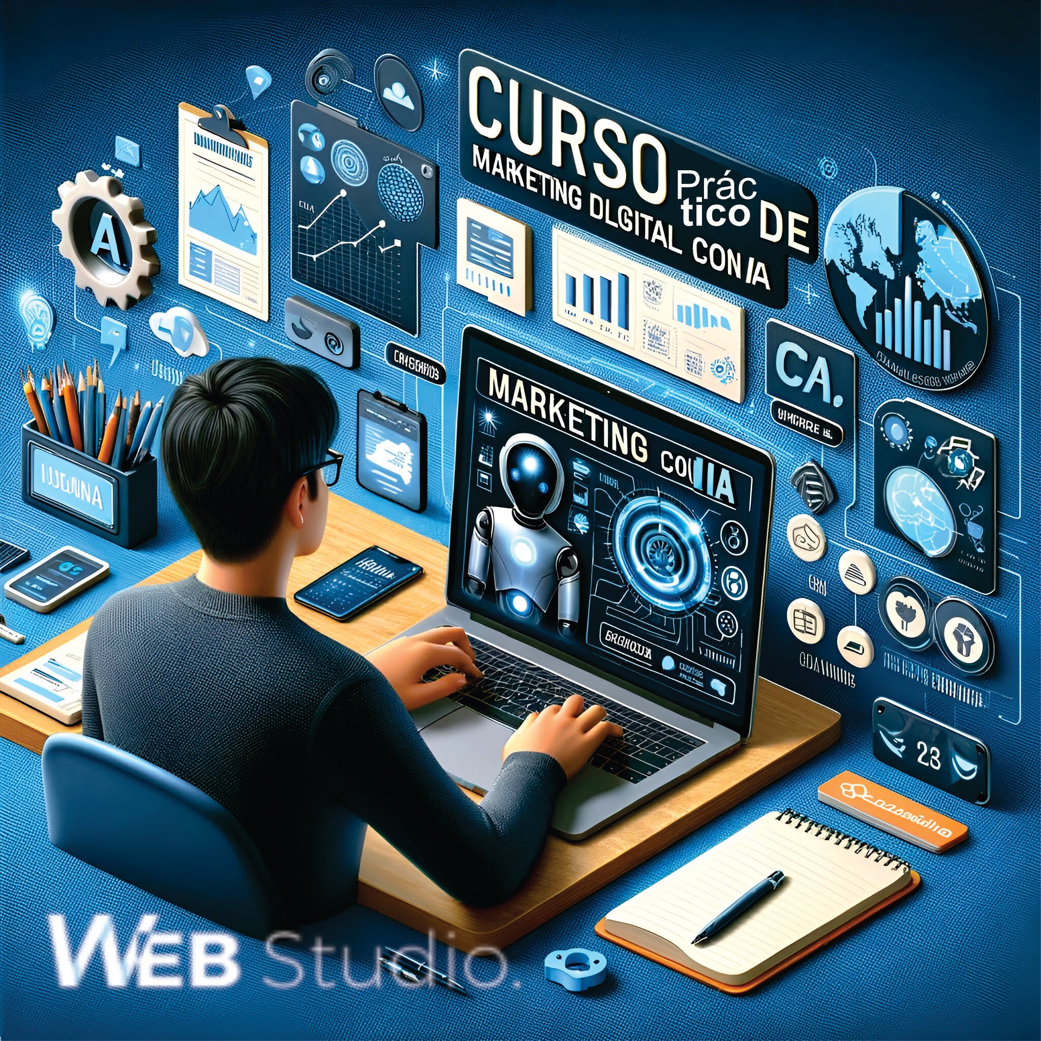 Cover de una persona estudiando marketing con herramientas de IA, con una laptop que muestra análisis de marketing impulsados por IA, gráficos y tablas. Alrededor hay íconos de IA, herramientas de marketing digital, y un ambiente de aprendizaje profesional con cuadernos y bolígrafos. La imagen destaca el curso de marketing digital con IA de WebStudio.
