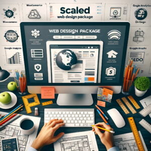 Cover de una persona trabajando en el diseño de un sitio web en una computadora de escritorio. La pantalla muestra el proceso de diseño web, con herramientas de diseño como lápices, reglas y bocetos en papel en el escritorio. También hay iconos y elementos relacionados con el diseño web, como un globo terráqueo, símbolos de código y logotipos de WooCommerce, Google Analytics, SEO y Mercado Pago. La imagen tiene un estilo profesional y limpio, destacando las funcionalidades avanzadas y la optimización del paquete de diseño web escalado de WebStudio.