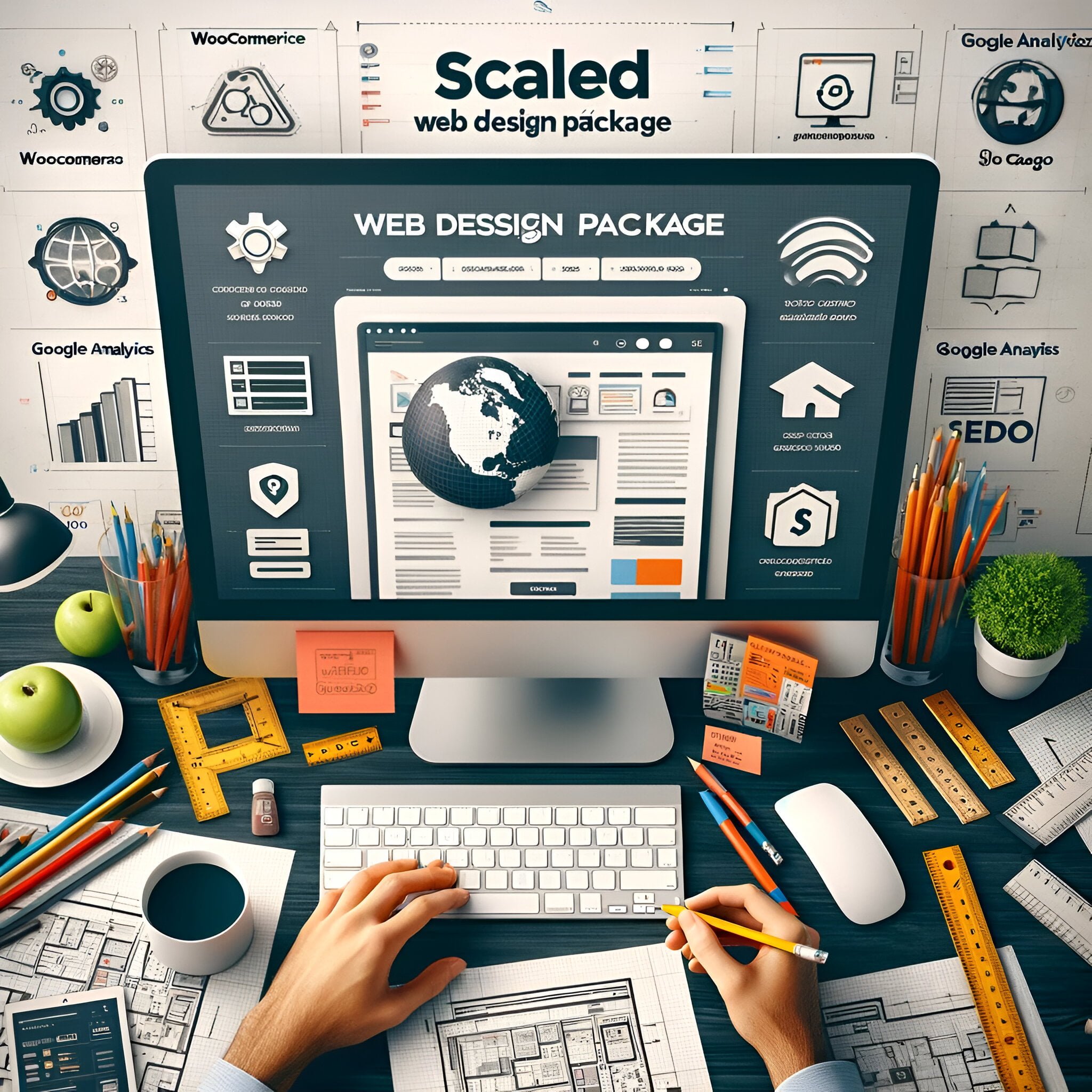 Cover de una persona trabajando en el diseño de un sitio web en una computadora de escritorio. La pantalla muestra el proceso de diseño web, con herramientas de diseño como lápices, reglas y bocetos en papel en el escritorio. También hay iconos y elementos relacionados con el diseño web, como un globo terráqueo, símbolos de código y logotipos de WooCommerce, Google Analytics, SEO y Mercado Pago. La imagen tiene un estilo profesional y limpio, destacando las funcionalidades avanzadas y la optimización del paquete de diseño web escalado de WebStudio.