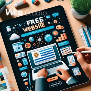 Una persona trabajando en el diseño de una página web en una laptop, con elementos como un diseño de página web, herramientas de diseño y la bandera de Uruguay. La imagen destaca el servicio de diseño web gratuito de WebStudio para emprendedores en Uruguay.