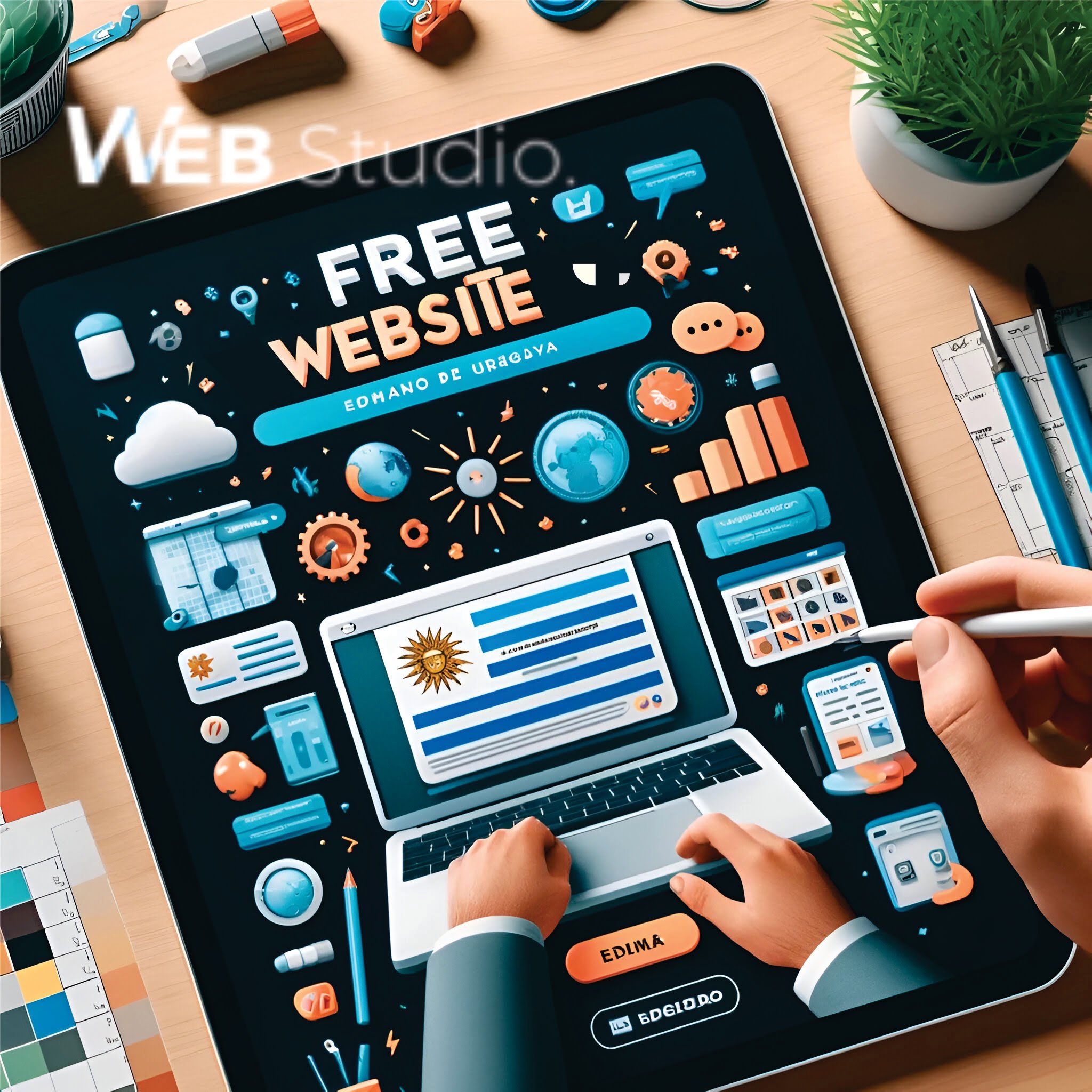 Una persona trabajando en el diseño de una página web en una laptop, con elementos como un diseño de página web, herramientas de diseño y la bandera de Uruguay. La imagen destaca el servicio de diseño web gratuito de WebStudio para emprendedores en Uruguay.