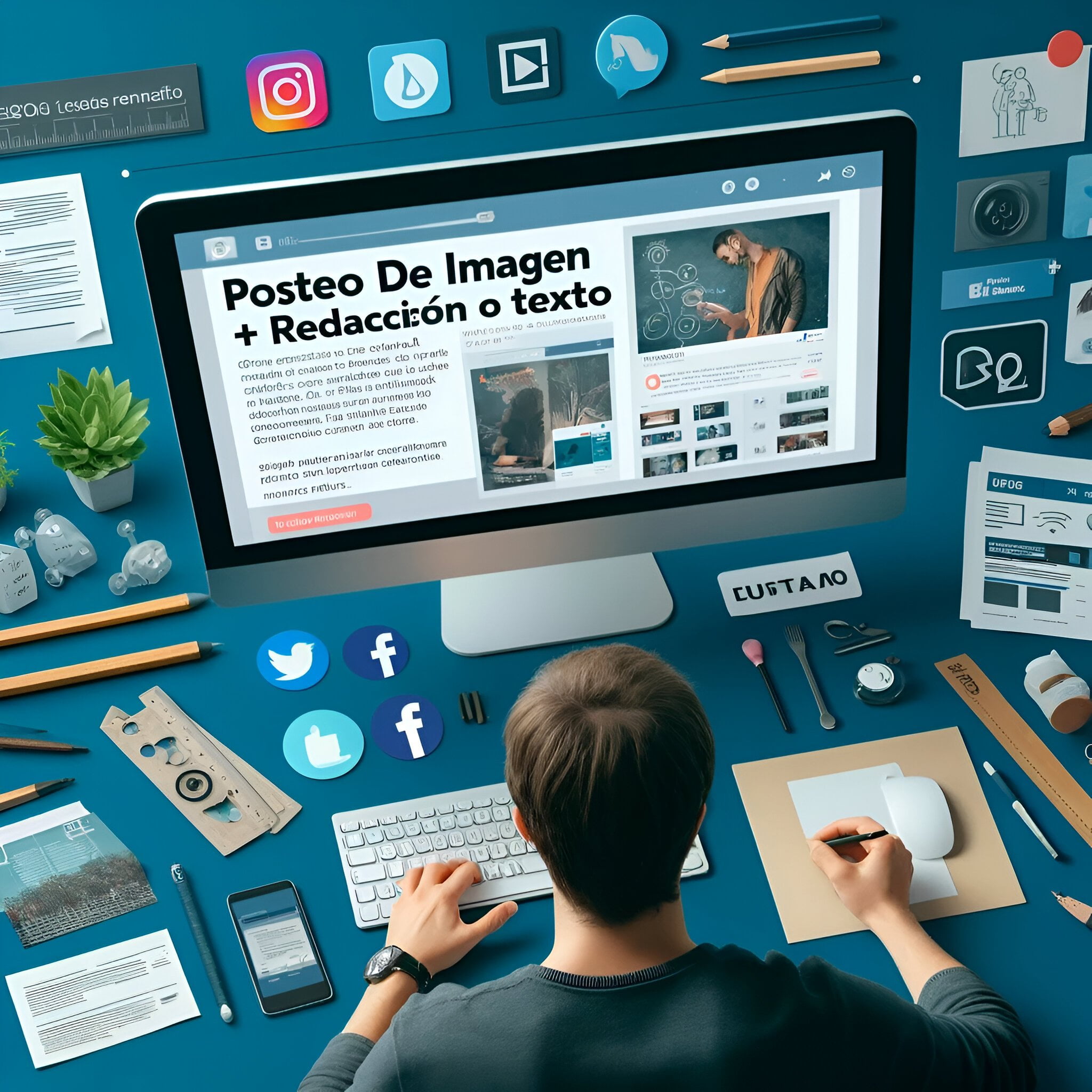 Cover de una persona trabajando en la creación de un post para redes sociales en una computadora de escritorio. La pantalla muestra el proceso de diseño y redacción de texto, con herramientas de diseño como lápices y bocetos en papel en el escritorio. También hay un smartphone y los íconos de redes sociales Facebook, Instagram y Twitter. La imagen tiene un estilo profesional y limpio, destacando el servicio de posteo de imagen y redacción de texto de WebStudio.