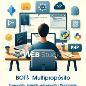 Cover de una persona trabajando en el desarrollo de bots en una laptop, con pantallas que muestran código y análisis. Alrededor hay íconos de Google Cloud Platform, Python, Java, PHP, MySQL y machine learning. La imagen destaca el servicio de programación, desarrollo y mantenimiento de bots comunicacionales y analíticos de WebStudio.