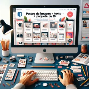 Cover de una persona trabajando en la creación de múltiples posts para redes sociales en una computadora de escritorio. La pantalla muestra varios diseños y procesos de redacción de texto, con herramientas de diseño como lápices y bocetos en papel en el escritorio. También hay un smartphone y los íconos de redes sociales Facebook, Instagram y Twitter. La imagen tiene un estilo profesional y limpio, destacando el servicio de posteo de imagen y redacción de texto en paquete de 10 de WebStudio.
