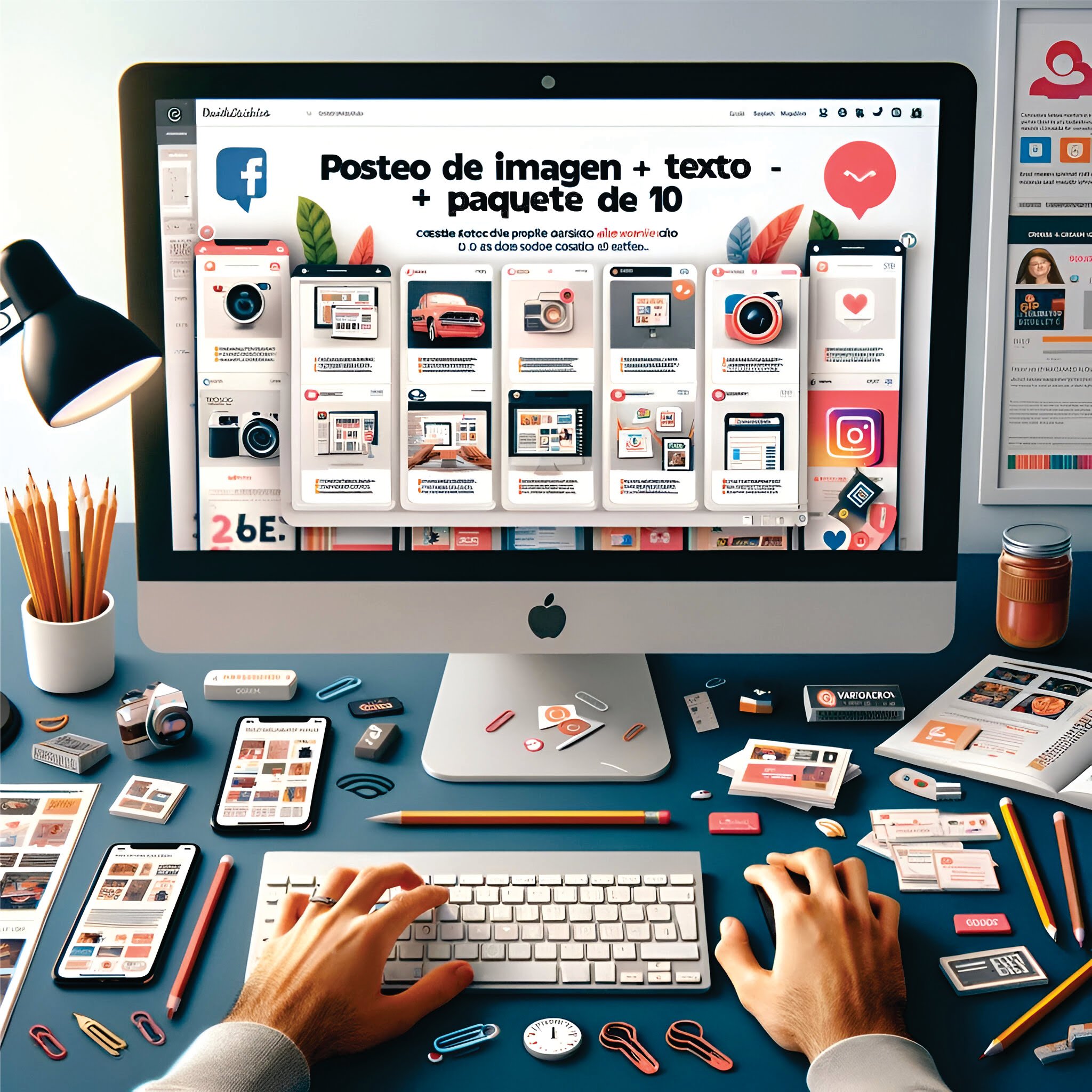 Cover de una persona trabajando en la creación de múltiples posts para redes sociales en una computadora de escritorio. La pantalla muestra varios diseños y procesos de redacción de texto, con herramientas de diseño como lápices y bocetos en papel en el escritorio. También hay un smartphone y los íconos de redes sociales Facebook, Instagram y Twitter. La imagen tiene un estilo profesional y limpio, destacando el servicio de posteo de imagen y redacción de texto en paquete de 10 de WebStudio.