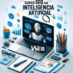 Cover de una persona aprendiendo técnicas de SEO con herramientas de IA, con una laptop que muestra análisis de SEO, investigación de palabras clave y estrategias de optimización. Alrededor hay íconos de IA, herramientas de SEO, y un ambiente de aprendizaje profesional con cuadernos y bolígrafos. La imagen destaca el curso de SEO con inteligencia artificial de WebStudio.