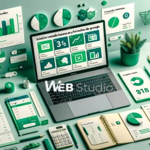 Una persona utilizando Google Sheets en una laptop, con pantallas que muestran resúmenes financieros, gráficos y reportes, con un toque verdoso similar a Excel. Alrededor hay íconos de Google Sheets y Formularios de Google, junto con un espacio de trabajo profesional con cuadernos y bolígrafos. La imagen destaca la solución contable basada en Google Sheets y Formularios de Google de WebStudio.
