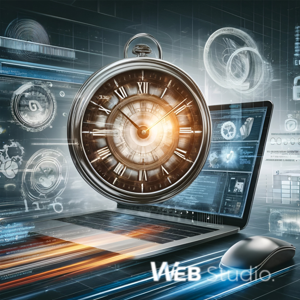 Reloj y elementos de diseño web en un collage digital, representando el desarrollo rápido y eficiente de sitios web por WebStudio.