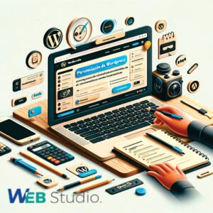 Una persona personalizando un sitio de WordPress, con una laptop que muestra el panel de control de WordPress con plugins personalizados y ajustes siendo modificados. Trabajos con PHP, Python, Java, CSS, HTML5, JavaScript. Alrededor hay íconos de WordPress, herramientas de personalización, y un espacio de trabajo profesional con cuadernos y bolígrafos. La imagen destaca el servicio de personalización de funciones de WordPress a medida de WebStudio.