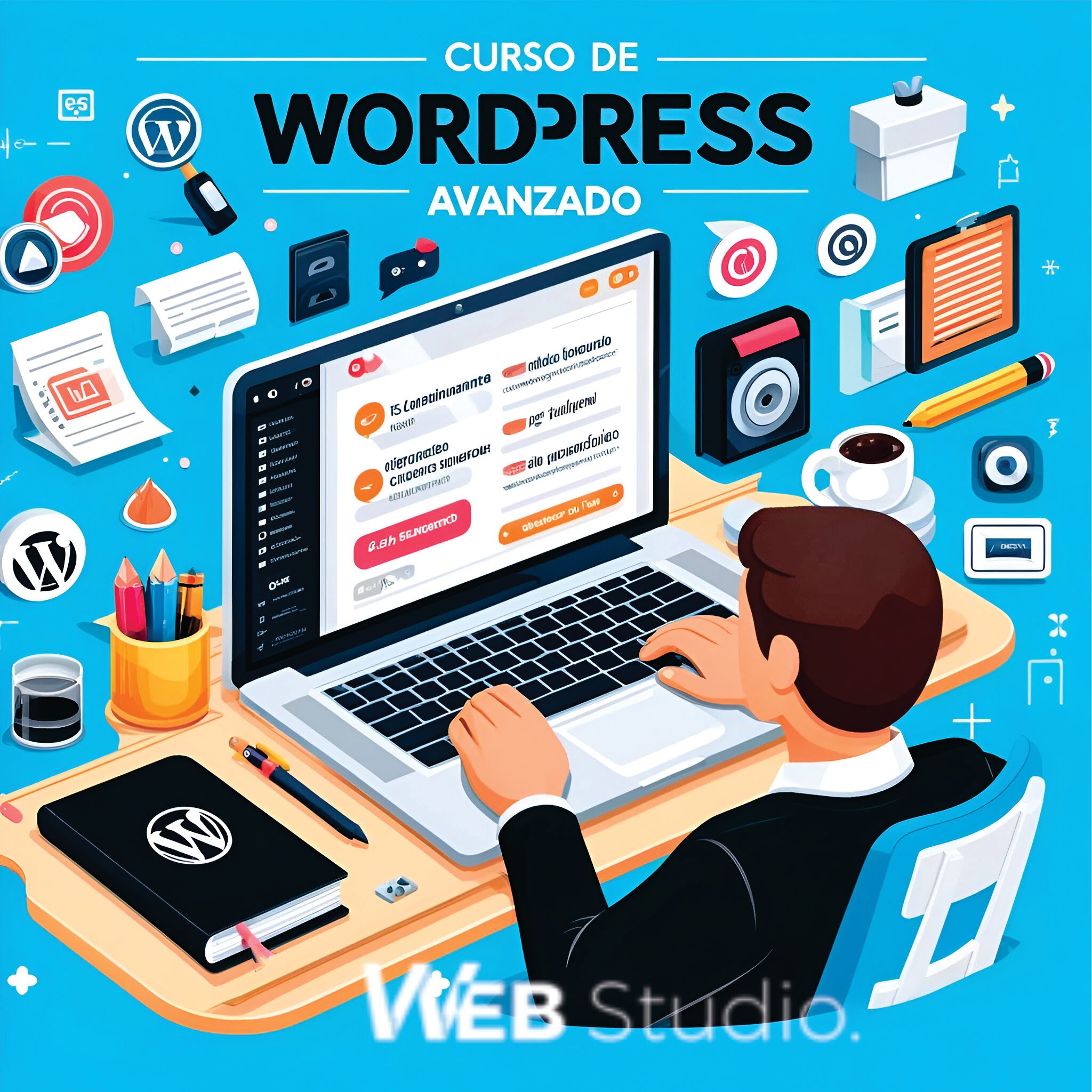 Una persona aprendiendo técnicas avanzadas de WordPress, con una laptop que muestra el panel de control de WordPress con varios plugins y opciones de personalización. Alrededor hay íconos de WordPress, herramientas de diseño, y un ambiente de aprendizaje profesional con cuadernos y bolígrafos. La imagen destaca el curso de WordPress avanzado de WebStudio.