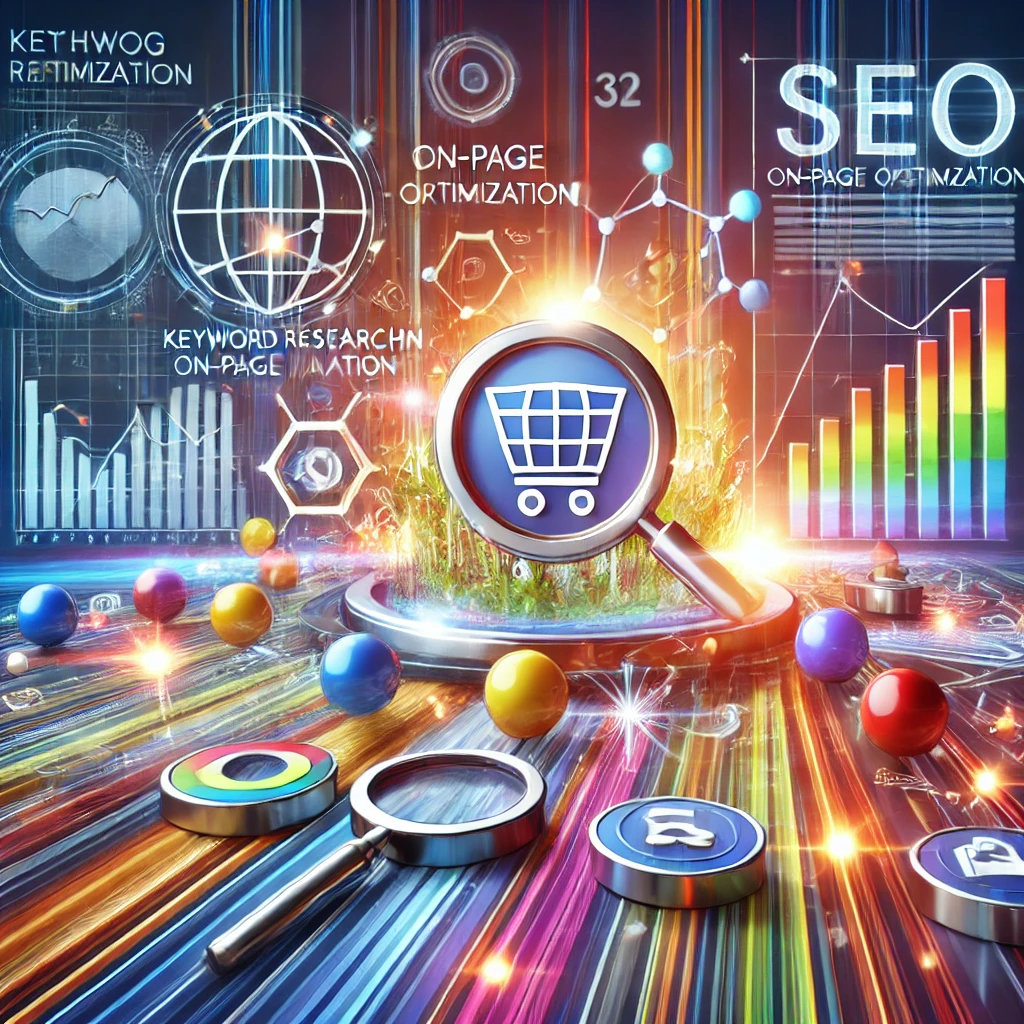 Ilustración de estrategias de SEO con investigación de palabras clave, optimización on-page y construcción de enlaces, con gráficos e iconos sobre una página de resultados de búsqueda destacada.