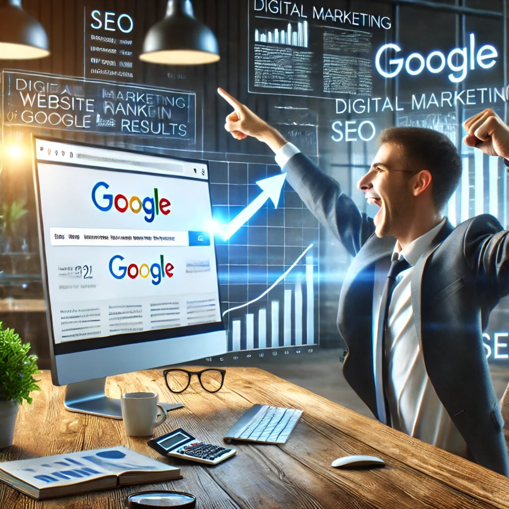 Persona emocionada señalando una pantalla de computadora que muestra su sitio web en los primeros resultados de búsqueda de Google, representando el éxito de las estrategias SEO.