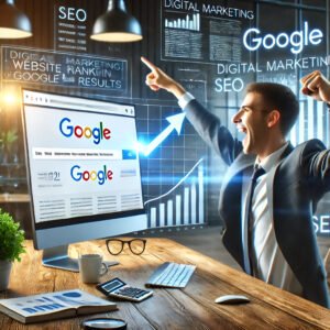 Persona emocionada señalando una pantalla de computadora que muestra su sitio web en los primeros resultados de búsqueda de Google, representando el éxito de las estrategias SEO.