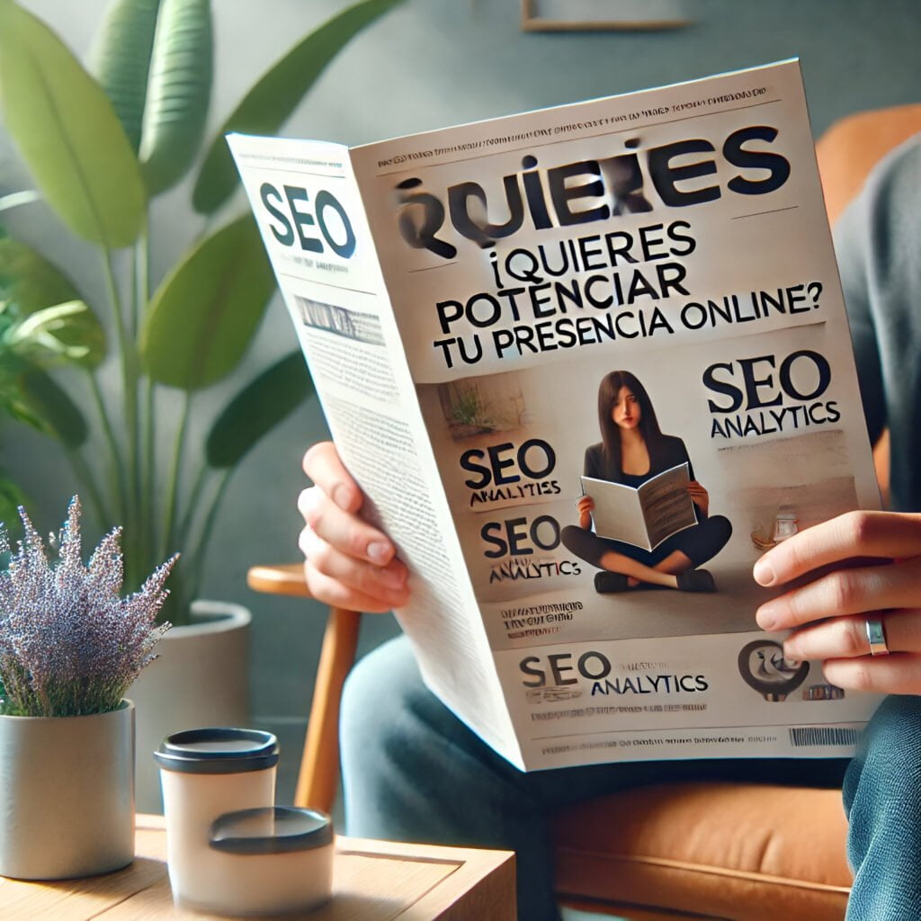 Persona leyendo una revista sobre SEO con el título '¿Quieres Potenciar tu Presencia Online?' y gráficos de análisis SEO.