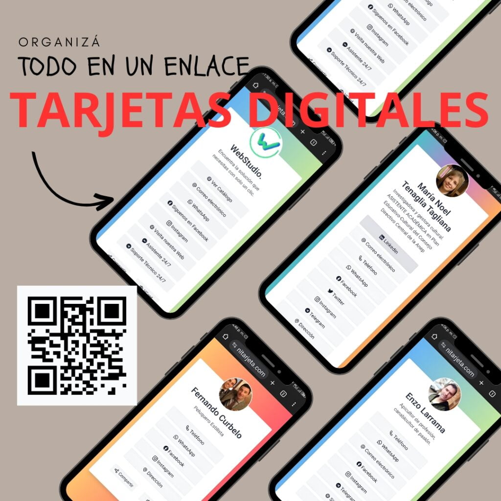 Imagen promocional de tarjetas digitales personalizadas de WebStudio en teléfonos móviles