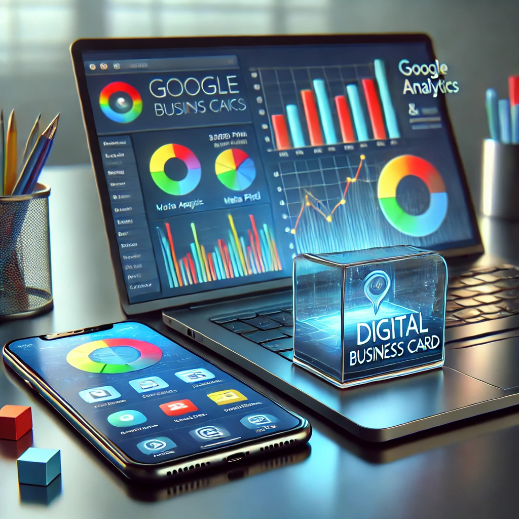Tarjeta digital en smartphone junto a laptop con datos de Google Analytics y Meta Pixel.
