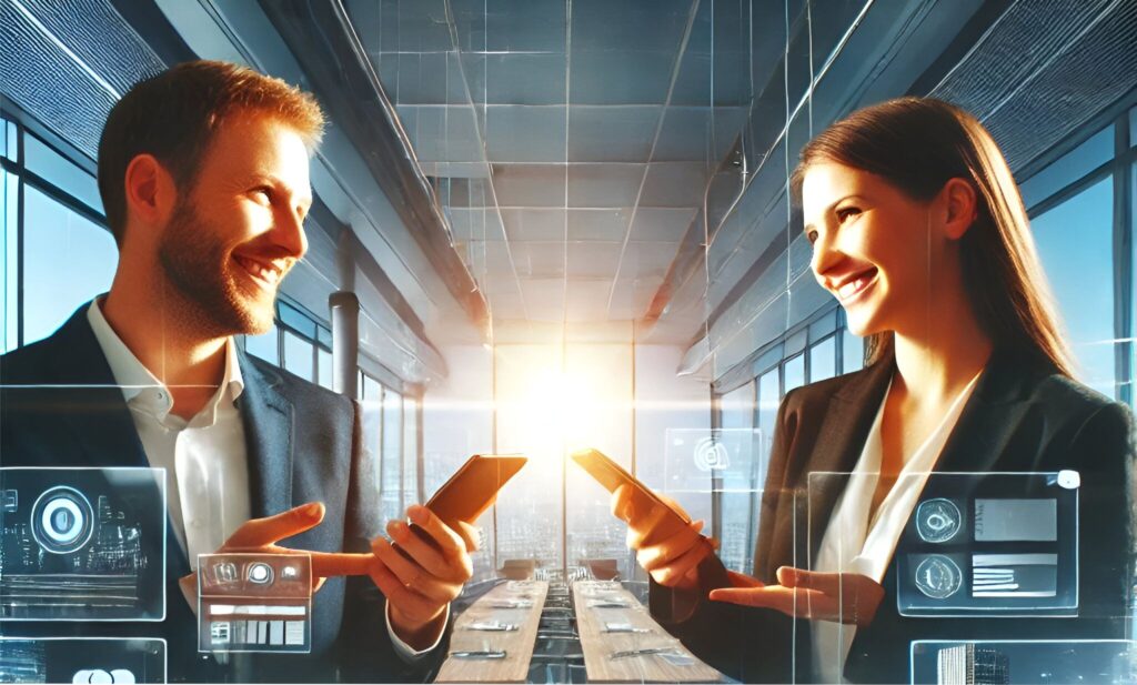 Dos profesionales intercambiando tarjetas digitales en un entorno de oficina moderno.

