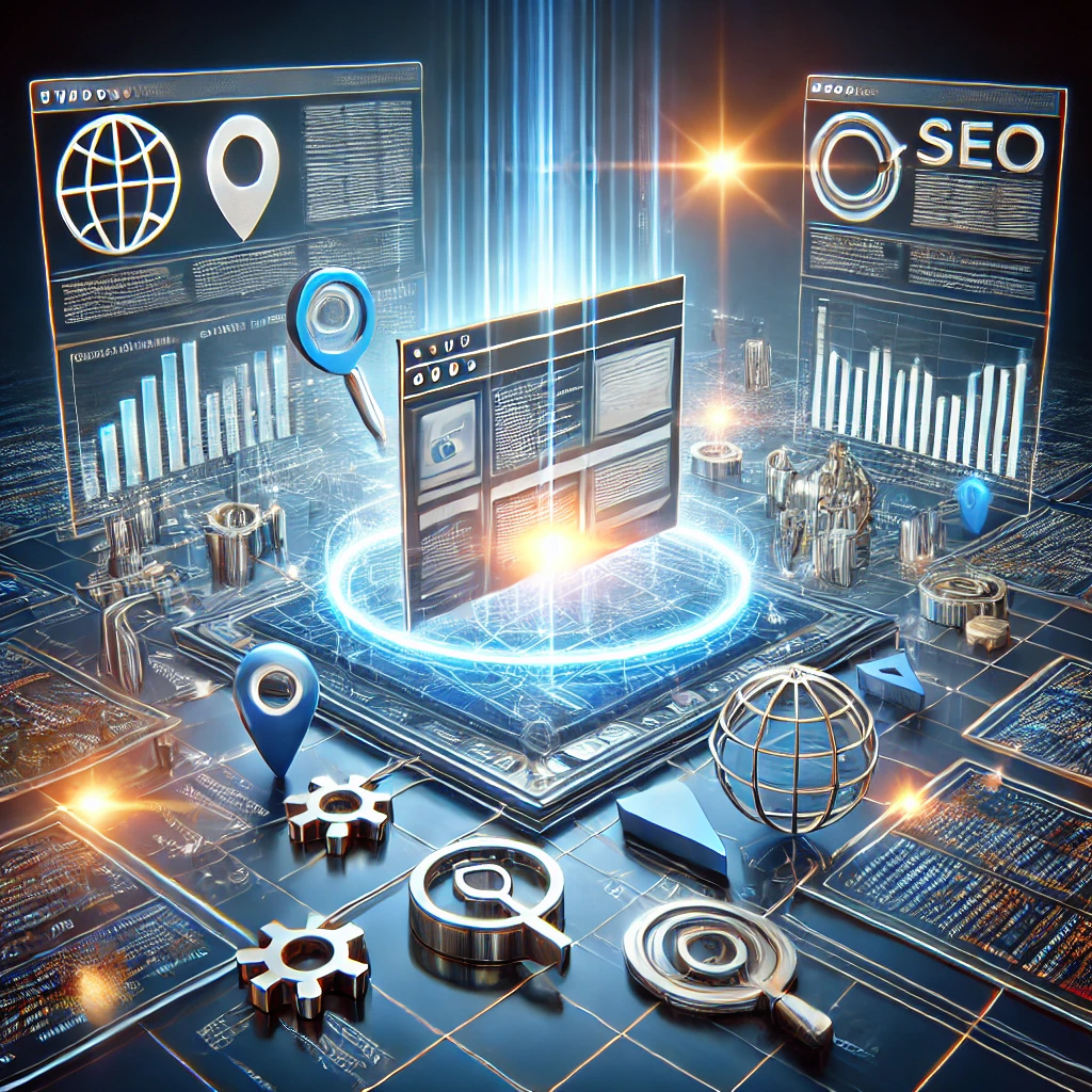 Ilustración hiperrealista del proceso SEO para empresas en Uruguay, mostrando una página web rodeada de elementos digitales como íconos de búsqueda, gráficos de crecimiento y marcadores de geolocalización.